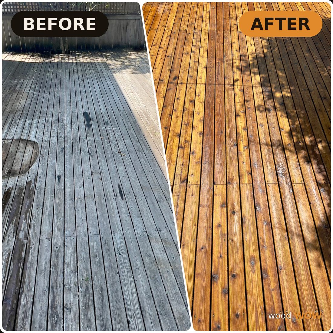 Weathered gray cedar deck restored to warm golden wood with the Wood WOW two-step system