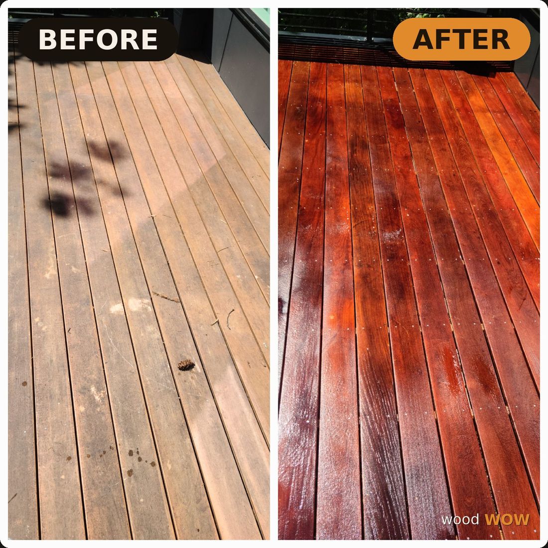 A weathered deck restored to a rich red-oak tone with the Wood WOW two-step system