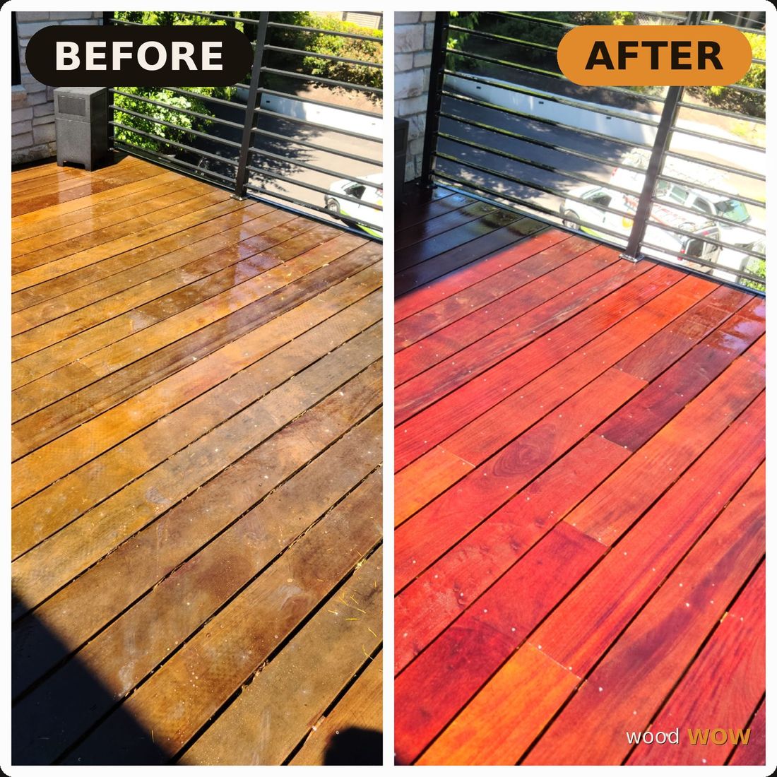 Dull deck boards restored to a rich red-oak tone